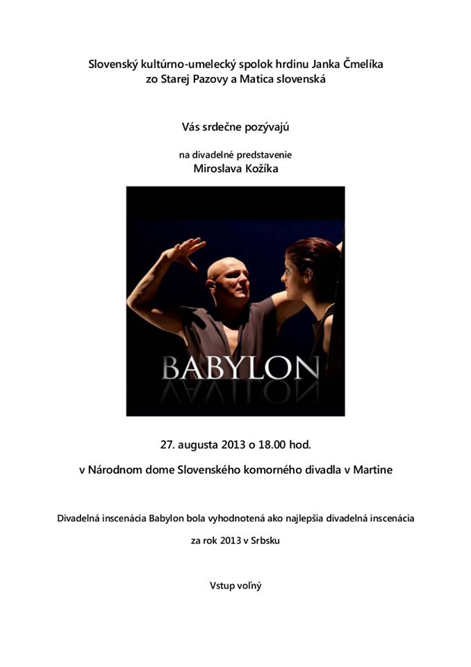 , 27. augusta vás pozývame na divadelné predstavenie Babylon