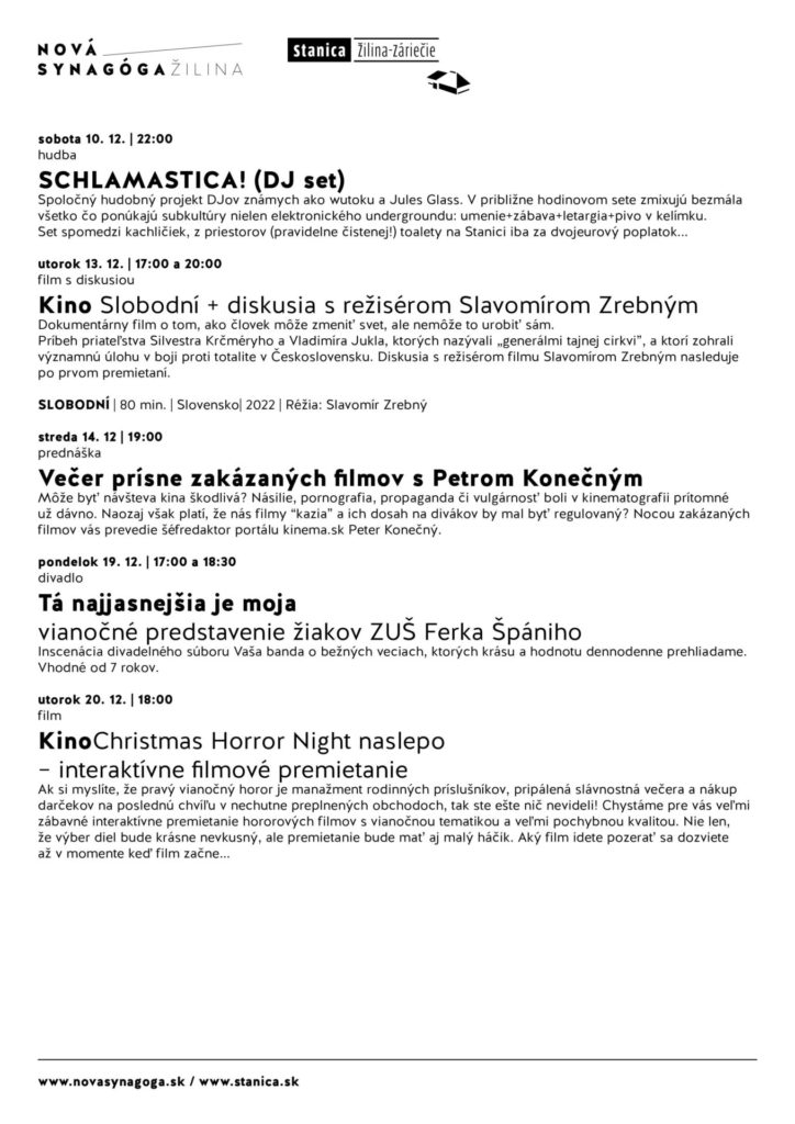 Stanica Žilina-Záriečie, Kam v decembri v Žiline? Nova synagóga a Stanica Žilina-Záriečie predstavujú program na tento mesiac