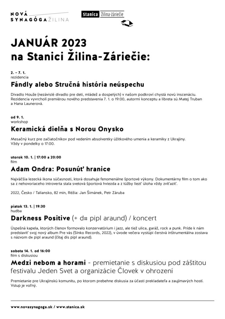 nova synagoga, Nová synagóga a Stanica Žilina-Záriečie: Program na január 2023